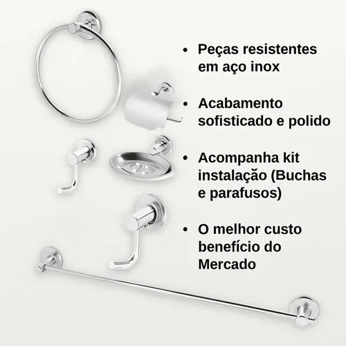 Kit Metal Acessórios Banheiro Aço Inox 5 Peças Toalhas