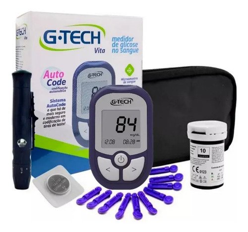 Kit monitor medidor de glicemia glicose g tech vita cor azul