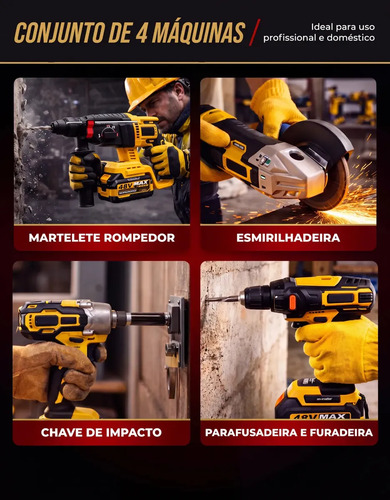 Kit Multi ferramentas 4 Em 1 48v Sem Fio Com 2 Baterias Furadeira Parafusadeira Martelete Esmerilhadeira Chave De Impacto Com Maleta Alta Potência Uso Profissional Doméstico Multiferramentas Hardline