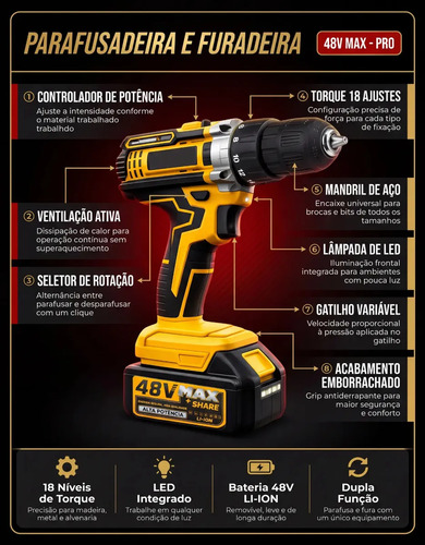 Kit Multi ferramentas 4 Em 1 48v Sem Fio Com 2 Baterias Furadeira Parafusadeira Martelete Esmerilhadeira Chave De Impacto Com Maleta Alta Potência Uso Profissional Doméstico Multiferramentas Hardline