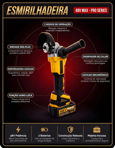 Kit Multi ferramentas 4 Em 1 48v Sem Fio Com 2 Baterias Furadeira Parafusadeira Martelete Esmerilhadeira Chave De Impacto Com Maleta Alta Potência Uso Profissional Doméstico Multiferramentas Hardline