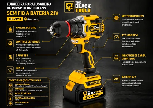 Kit Multiferramentas 5 Em 1 A Bateria 21v The Black Tools