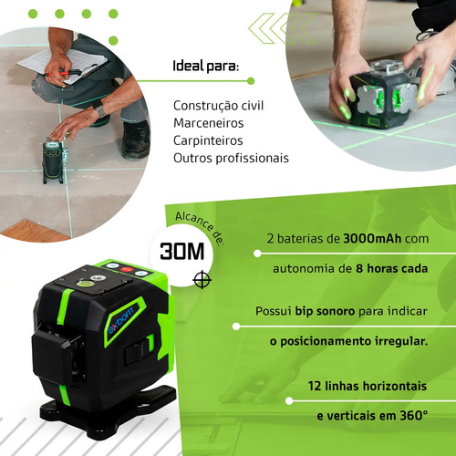 Kit Nível A Laser Verde 12 Linhas Esquadro + Suporte + Tripé