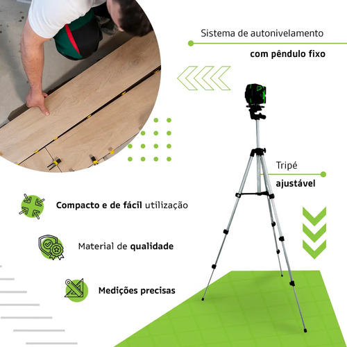 Kit Nível A Laser Verde 12 Linhas Esquadro + Suporte + Tripé