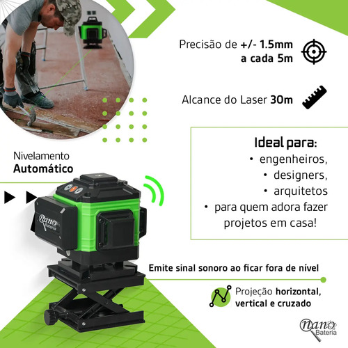 Kit Nível A Laser Verde 12 Linhas Esquadro + Suporte + Tripé Recarregavel Profissional Prumo Autonivelante Nano Bateria