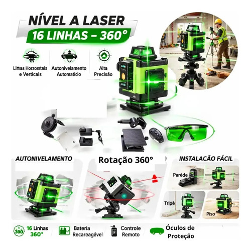 Kit Nível A Laser Verde 16 Linhas Esquadro + Suporte + Tripé Recarregável Profissional Prumo Autonivelante Óculos