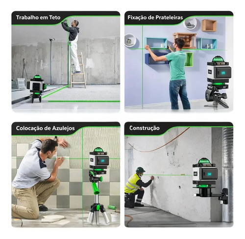 Kit Nível A Laser Verde 16 Linhas Esquadro + Suporte + Tripé Recarregável Profissional Prumo Autonivelante Óculos