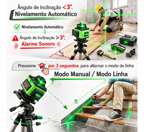 Kit Nível A Laser Verde 16 Linhas Esquadro + Suporte + Tripé Recarregável Profissional Prumo Autonivelante Óculos