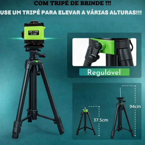 Kit Nível A Laser Verde 16 Linhas Esquadro + Suporte + Tripé Recarregável Profissional Prumo Autonivelante Óculos