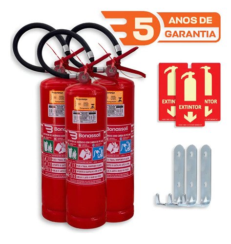 Kit para incendio extintor abc 6 kg suporte e placa 5 anos