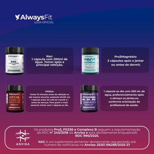 Kit Pro Da Alwaysfit + Pro3mag + Nac + Fits36 E Complexo B Sem Sabor