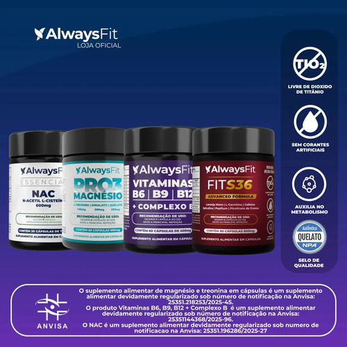 Kit Pro Da Alwaysfit + Pro3mag + Nac + Fits36 E Complexo B Sem Sabor