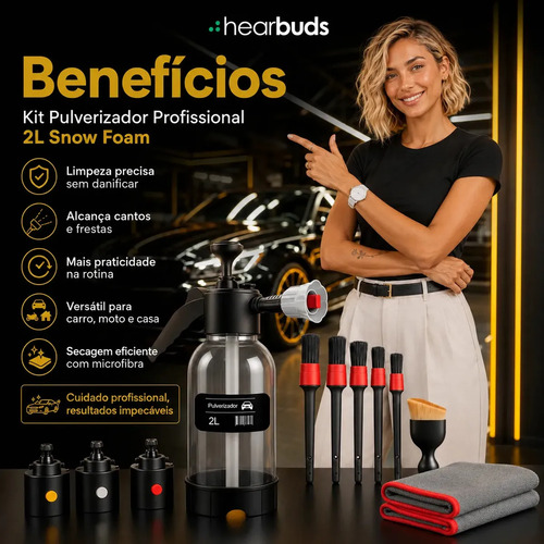 Kit Pulverizador Profissional 2l Snow Foam Potente Com 3 Bicos Spray Cor Transparente + Pincel De Detallado E Toalha De Secagem