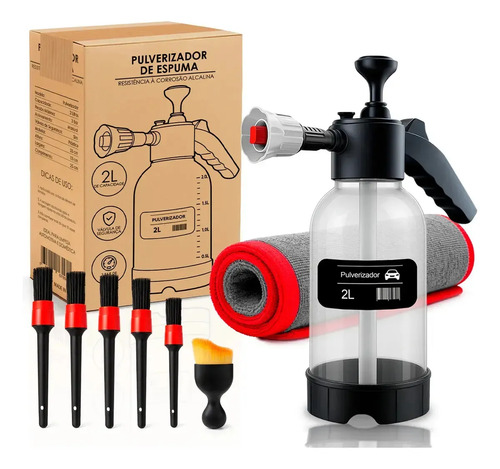 Kit Pulverizador Profissional 2l Snow Foam Potente Com 3 Bicos Spray Cor Transparente + Pincel De Detallado E Toalha De Secagem