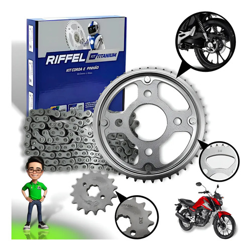 Kit relacao riffel cg titan 160 fan 160 start aco 1045