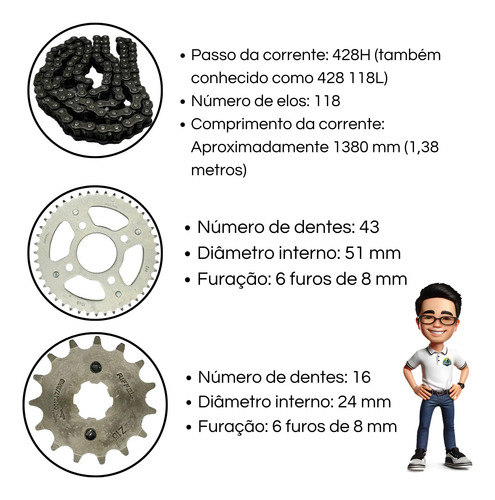 Kit Relação Riffel Cg Titan 160 / Fan 160 Start Aço 1045