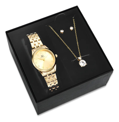 Kit relogio colar e brincos ponto de luz dourado feminino lu