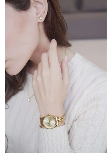 Kit Relógio Colar E Brincos Ponto De Luz Dourado Feminino Luxo Golden Saint Germain Presente Original Joias Elegante Clássico 28mm