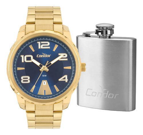 Kit relogio condor masculino dourado aco co2115myjk4a dourad