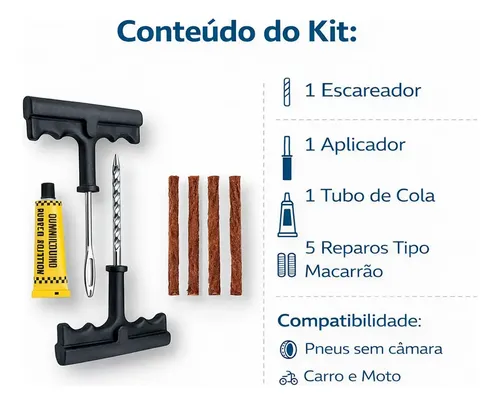 Kit Reparo Pneu Remendo + 5 Macarrão Profissional Carro Moto