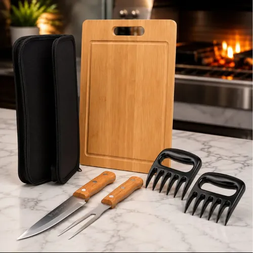 Kit tabua churrasco completo com utensilios em inox 6 pecas