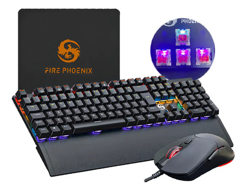 Kit Teclado E Mouse Mecânico Dpi 7200 Abnt2 Gamer Luz Led Rgb Switch Red Usb Mouse Pad Para Computador Pc Ps4 Fire Phoenix Bk-06 Preto
