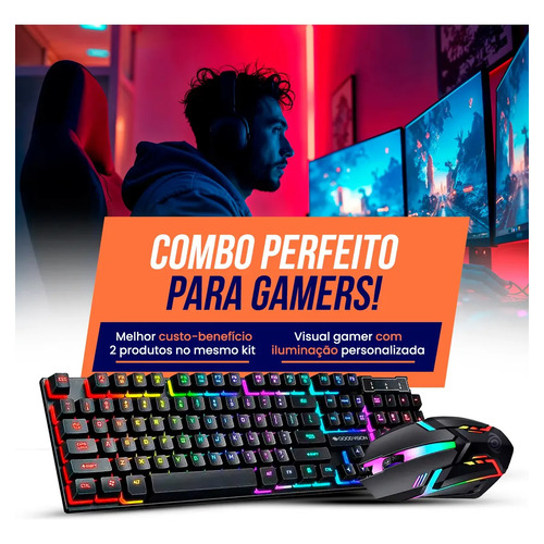 Kit Teclado Mouse Gamer Completo Barato Com Fio Cabo De 1,5m Led Com Iluminação Rgb Desktop Conexão Usb Cor Preto Usar Com Headset Acessorios Pc Mecanico Jogos - Goodvision