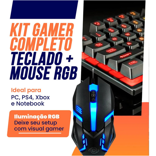 Kit Teclado Mouse Gamer Completo Barato Com Fio Cabo De 1,5m Led Com Iluminação Rgb Desktop Conexão Usb Cor Preto Usar Com Headset Acessorios Pc Mecanico Jogos - Goodvision