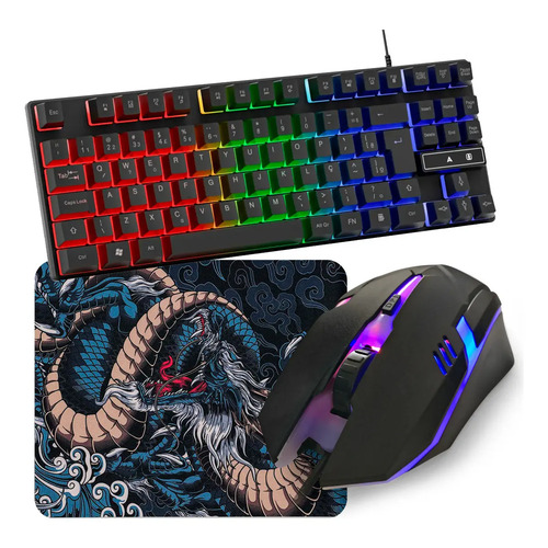 Kit teclado semi mecanico gamer led rgb mouse optico laser m