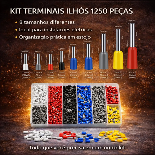 Kit Terminal Ilhós 1250 Peças Tubular Para Fios Elétricos