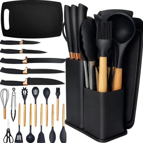 Kit utensilios silicone c cabo de madeira e facas em inox