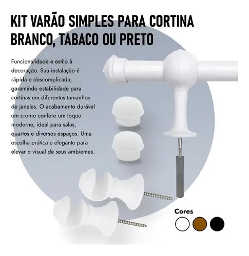 Kit Varão Varal Simples 2 M 19mm Para Cortina Branco Palha