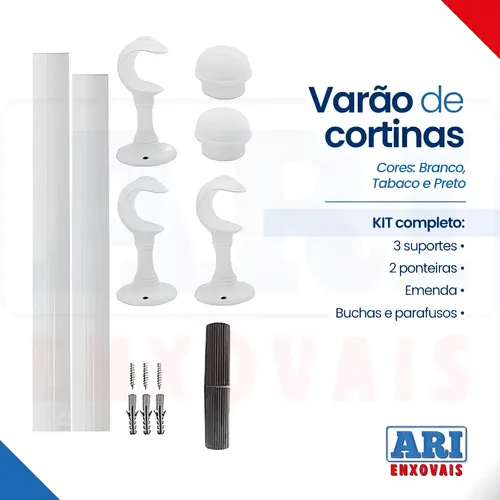 Kit Varão Varal Simples 2 M 19mm Para Cortina Branco Palha