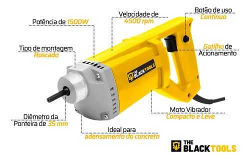 Kit Vibrador Concreto 1500w Com Mangote Mangueira 1,45mx35mm Com Acessorios Tvc650 The Black Tools