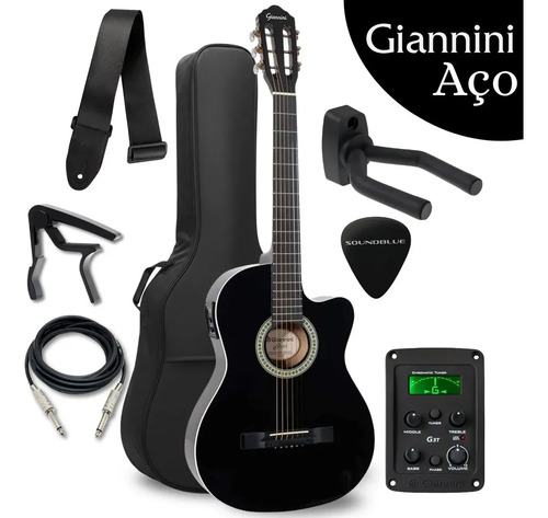 Kit violao eletroacustico giannini start sf 14 preto de aco