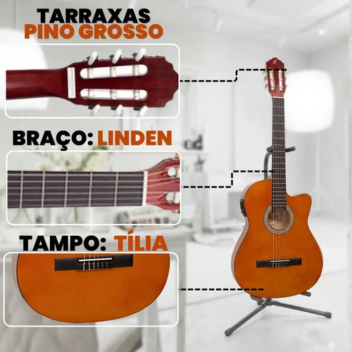 Kit Violao Giannini Eletroacustico Corda Nylon Destro Flat Cutaway Nailon Profissional Eletrico Acustico Estudo Iniciante Natural Acessorios Completo Soundblue Afinador Correia Capa Cabo Capotraste