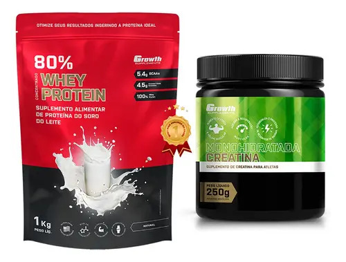 Kit Whey Concentrado 80%+ Creatina Monohidratada 250g Growth Sabor Morango
