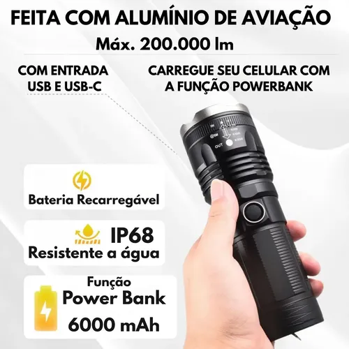 Lanterna Tática 2km Mais Forte Do Mundo Recarregável Potente