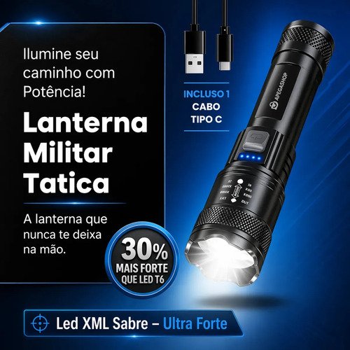 Lanterna Tática Militar Recarregável Led Cree Mais Forte Do Mundo Ultra Potente 1000m Zoom Alto Brilho Sitio Fazenda Apegashop