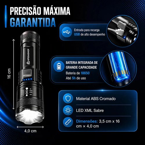 Lanterna Tática Militar Recarregável Led Cree Mais Forte Do Mundo Ultra Potente 1000m Zoom Alto Brilho Sitio Fazenda Apegashop