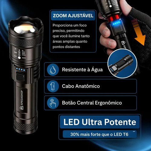 Lanterna Tática Militar Recarregável Led Cree Mais Forte Do Mundo Ultra Potente 1000m Zoom Alto Brilho Sitio Fazenda Apegashop