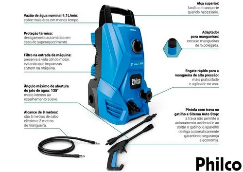 Lavadora De Alta Pressão Jato Compacta Philco Plp2200 1300w 1300 Psi/libras 312l/h Lança Regulável 127v