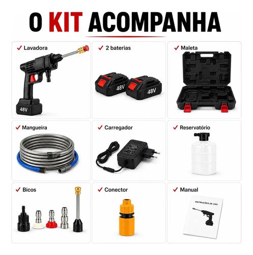 Lavadora de Alta Pressão Portátil Recarregável Lava Jato 48V 600W Bivolt