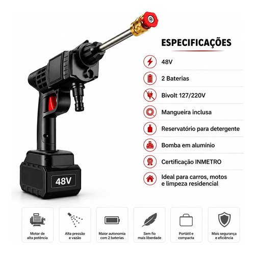 Lavadora de Alta Pressão Portátil Recarregável Lava Jato 48V 600W Bivolt