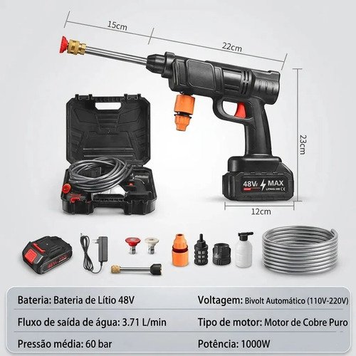 Lavadora de Alta Pressão Portátil Recarregável Maleta 2 Baterias Preto