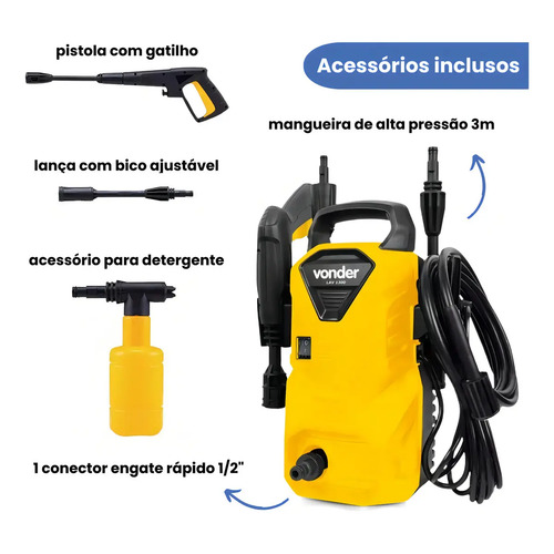 Lavadora de alta pressão Vonder Leve LAV1300 220V amarela de 1.3kW com 90bar de pressão máxima - 60Hz
