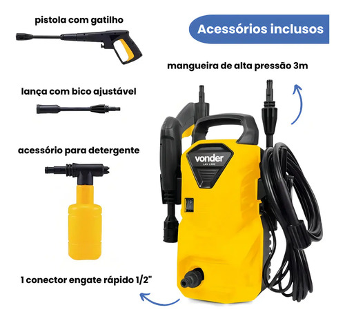 Lavadora de alta pressão Vonder Leve LAV1300 220V amarela de 1.3kW com 90bar de pressão máxima - 60Hz