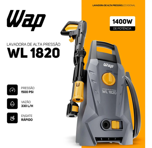Lavadora de Alta Pressão WAP WL 1820 1400W com Stop Total, Jato Leque e Concentrado