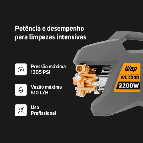 Lavadora e Desobstruidora de Alta Pressão WAP WL 4200 Ultra 5 Pistões 2200w 1305psi 510l/h Com Jato Regulável e Motor de Indução 220V