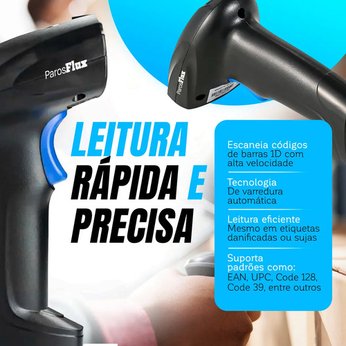 Leitor Código De Barras Sem Fio Usb De Mão Bar Code Scanner 1d Laser Linear Cor Preto
